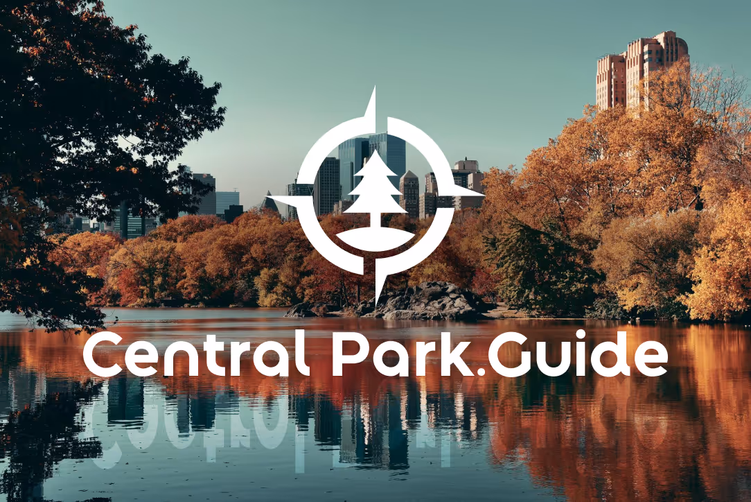 Autumn scene of Central Park lake with city buildings in the background and Central Park.Guide text with tree compass logo overlay.