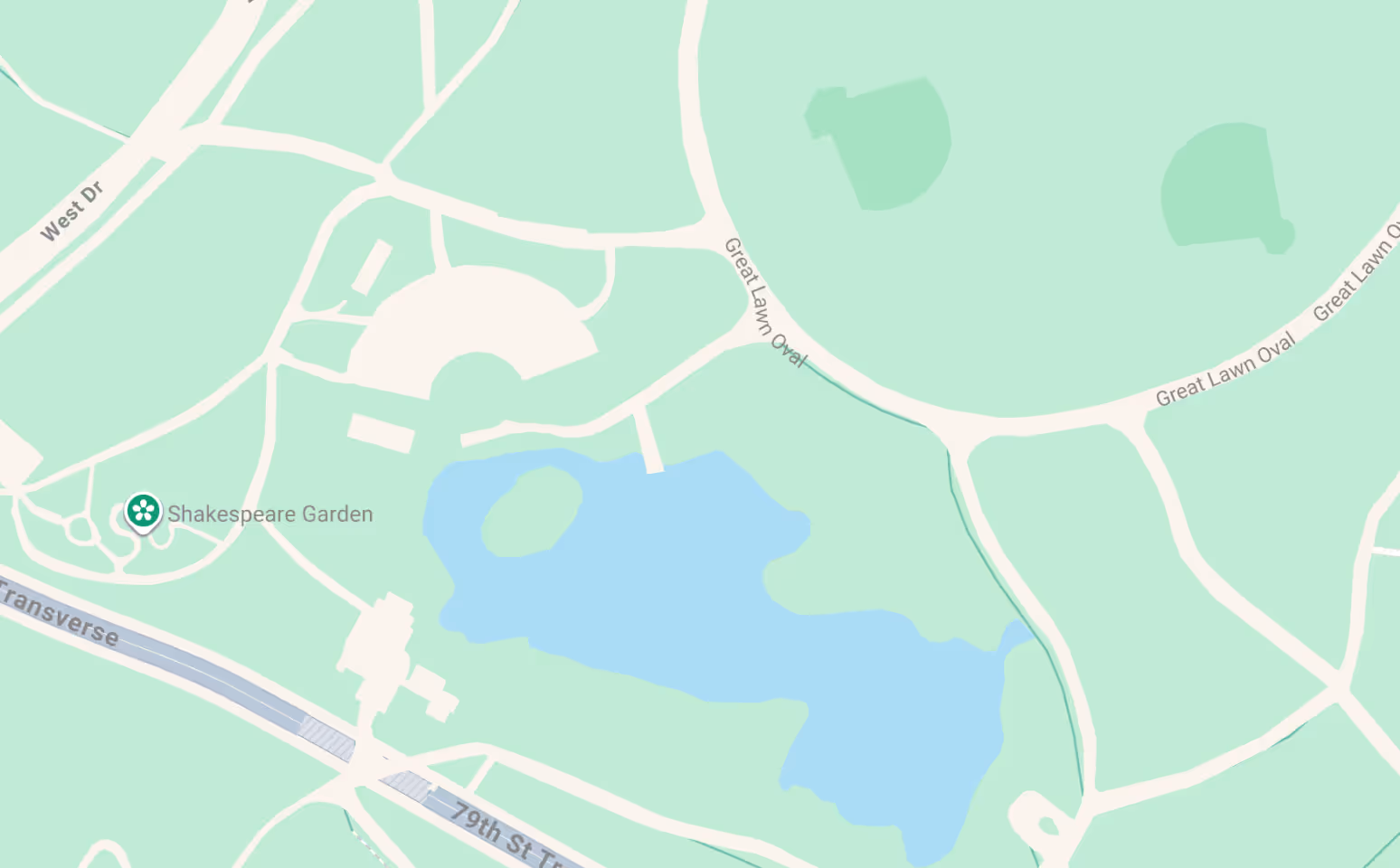 Map showing Shakespeare Garden near a pond with location markers for Bandshell, Reservoir, Bow Bridge, and Great Lawn.