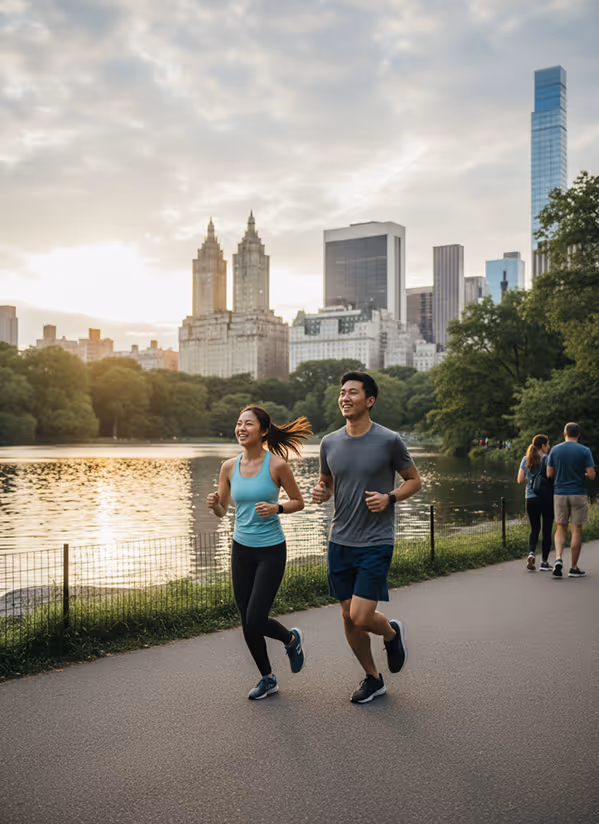 Couple jogging by lake in Central Park